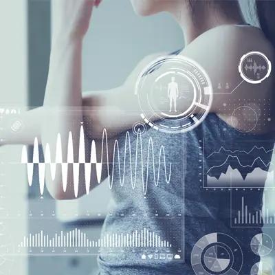 Woman with digital health data and biometric graphics overlaid across her body